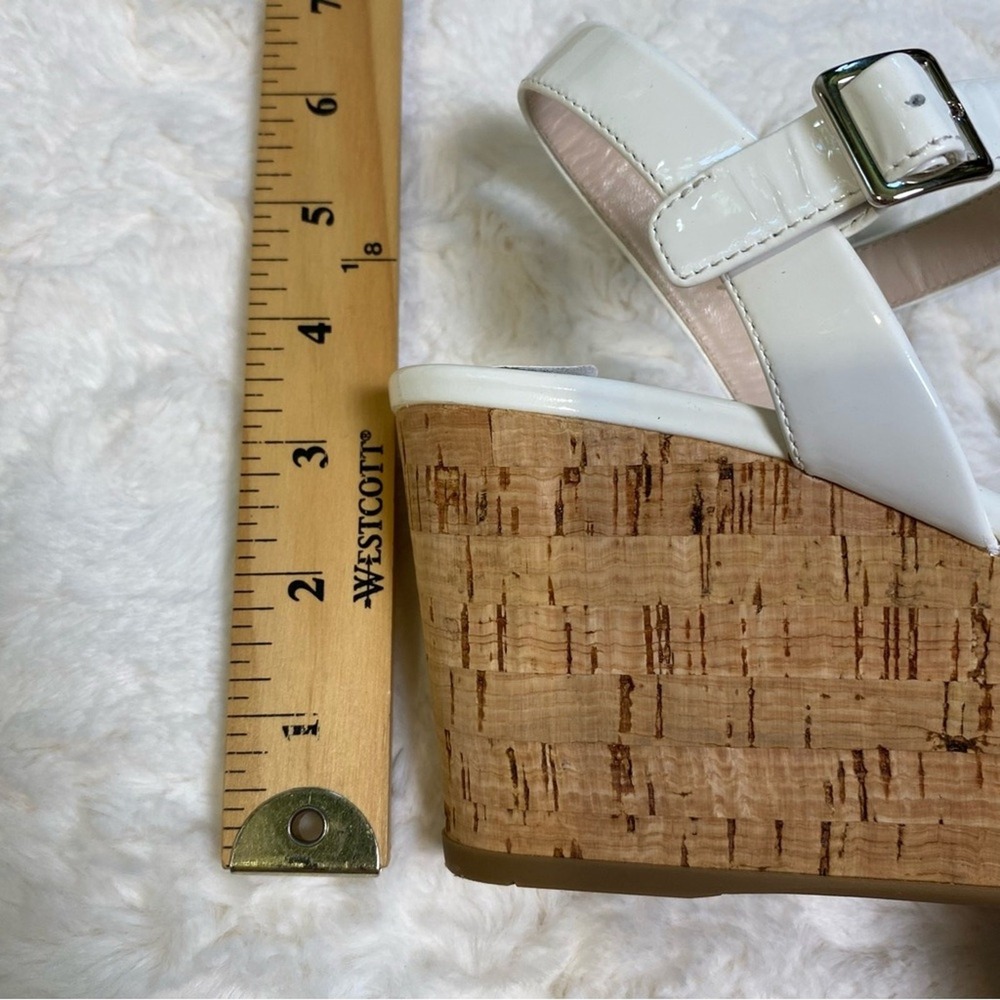 Prada White Patent Leather Criss Cross Ankle Strap Cork Wedge Sandals Size 39 - Picture 15 of 16